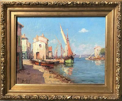 "Boats at a Mediterranean Port" Oil Painting