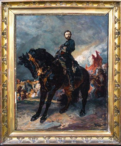 Cavalry Officer & Black Horse Oil Painting