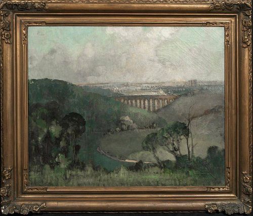 1920 Lincolnshire Viaduct Landscape Oil Painting