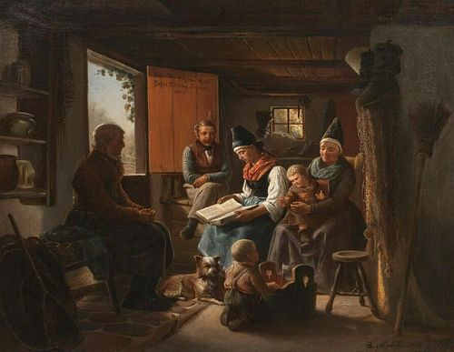 Swedish Family Story Interior Oil Painting