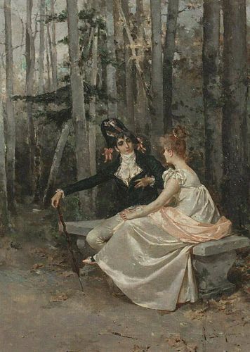 Gentleman & Lady Lovers Woodland Scene Oil Painting