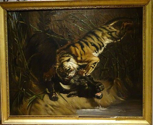 Tiger Attacking A Buffalo Oil Painting