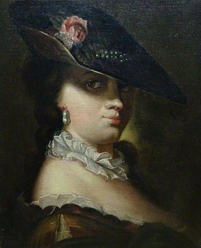 Portrait Of A Lady Wearing A Hat & Pearls Oil Painting