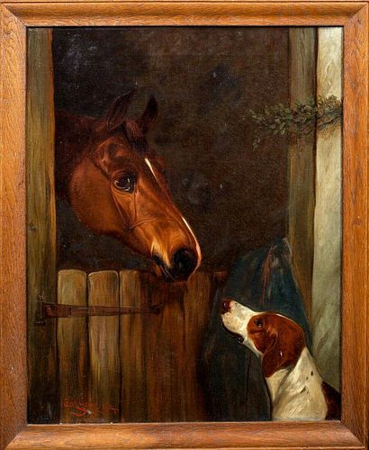 Stable Friends Horse & Hound Dog Oil Painting