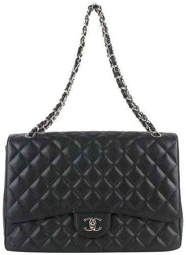 Chanel Quilted Black Caviar Leather Maxi Classic Silver