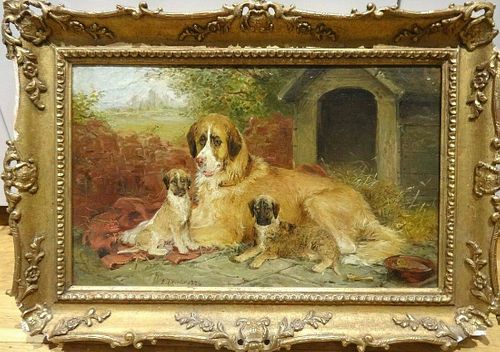 St Bernard Dog Mother & Puppies Oil Painting