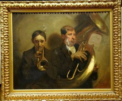 Trumpet & Tuba Horn Musicians Oil Painting