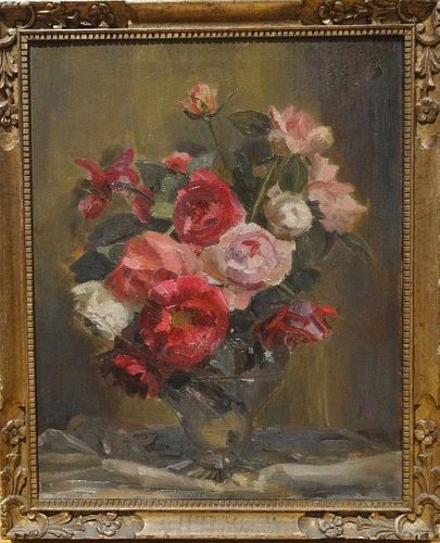 Still Life Red Pink White Roses Flowers Oil Painting