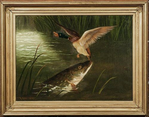Fishing Pike & Mallard Oil Painting