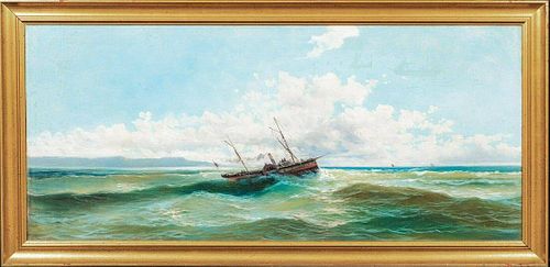 Coastal Ship Seascape Oil Painting