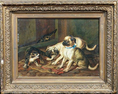 Pug Puppies & Tabby Cat Barn Scene Oil Painting