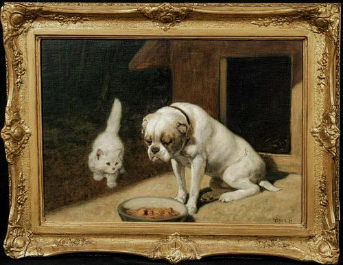 Bulldog & White Angora Cat Portrait Oil Painting