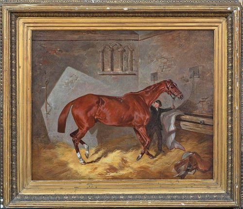 Chestnut Hunter Horse & Stable Boy Oil Painting