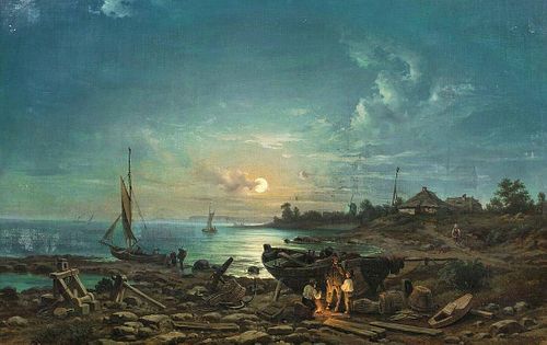 Moonlit Coastal Beach Dresden Landscape Oil Painting