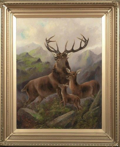 Stag Hind & Fawn Highlands Landscape Oil Painting