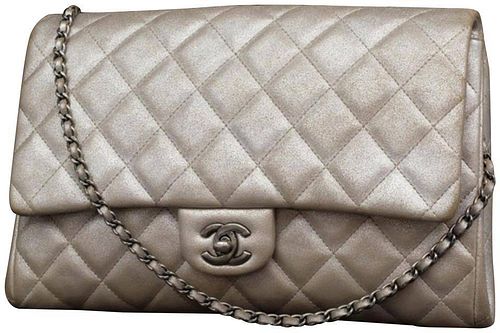 Chanel Silver Quilted Leather Jumbo Classic Flap Chain