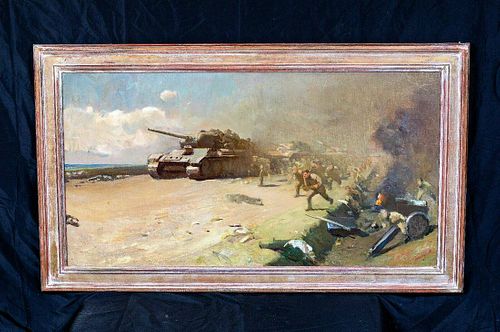 Russian T-34 Tanks & Infantry Battle Scene Oil Painting