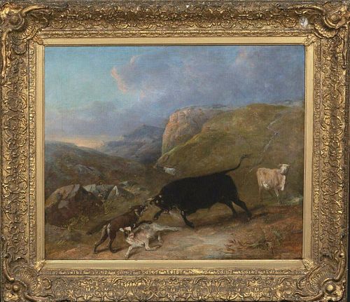 Bull & Wolf Fight Mountain Landscape Oil Painting