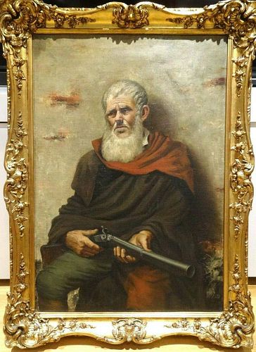 Portrait Man & Blunderbuss Gun Oil Painting