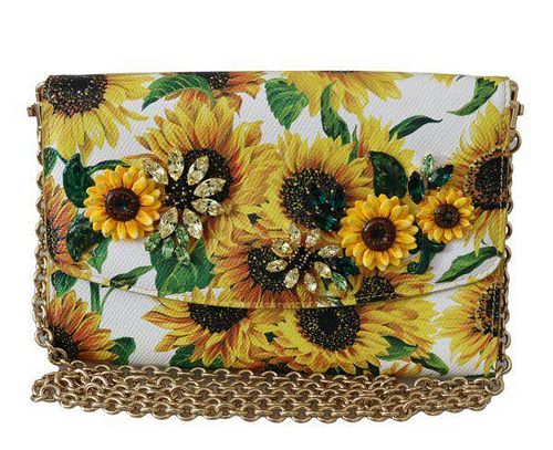 Yellow Leather Sunflower Print Crystal Clutch Cross