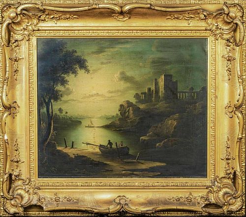 Moonlit River Landscape & Ruins Oil Painting