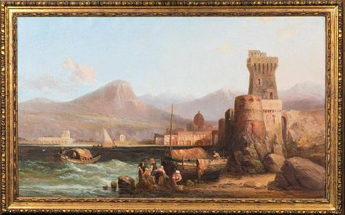 Neapolitan Coastal Fishing Landscape Oil Painting
