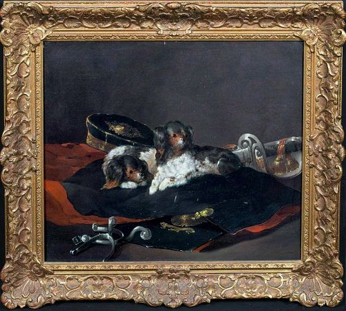 King Charles Puppies & Military Uniform Oil Painting