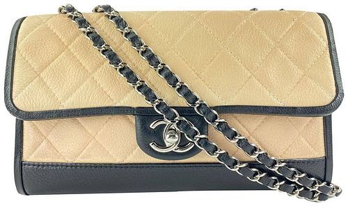 Chanel Beige X Black Bicolor Medium Quilted Chain Flap