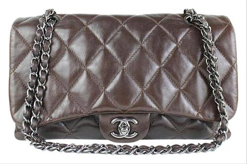 Chanel Brown Jumbo Flap Quilted Lambskin Classic Silver