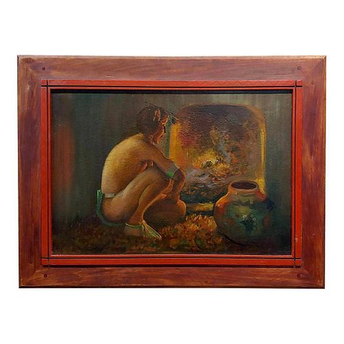 Taos Pueblo Indian by the Fireplace Oil Painting