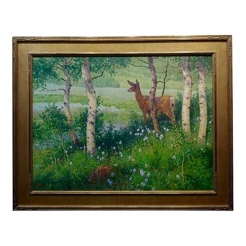 Mama Deer & Her Fawn Looking Over a Spring Landscape