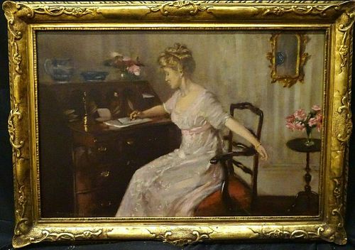 Elegant Lady At Her Writing Desk Oil Painting