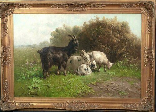 Goats and Kid Landscape Oil Painting