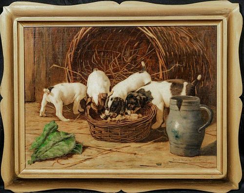 Puppies Feeding Oil Painting