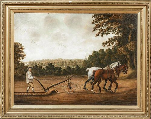 Farm Plough Horses & Farmer Oil Painting