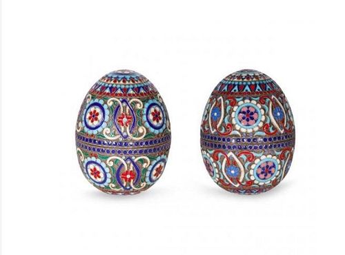 TWO SILVER GILT AND CLOISONNE ENAMEL RUSSIAN EGGS