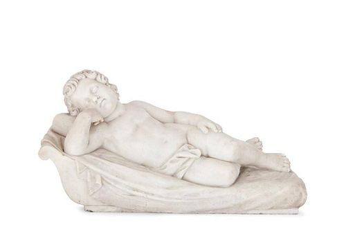 ANTIQUE MARBLE SCULPTURE OF A SLEEPING PUTTO AFTER