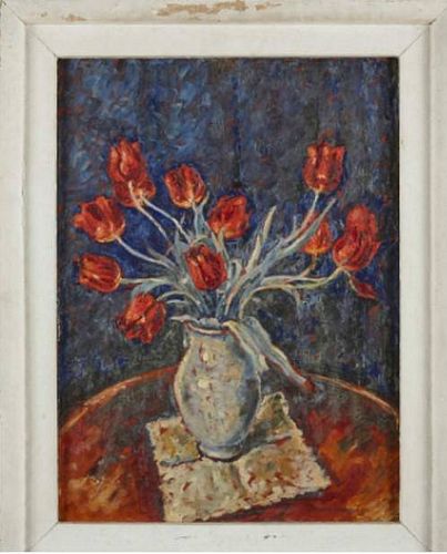 STILL LIFE OIL PAINTING OF RED TUILIPS BY FECHENBACH