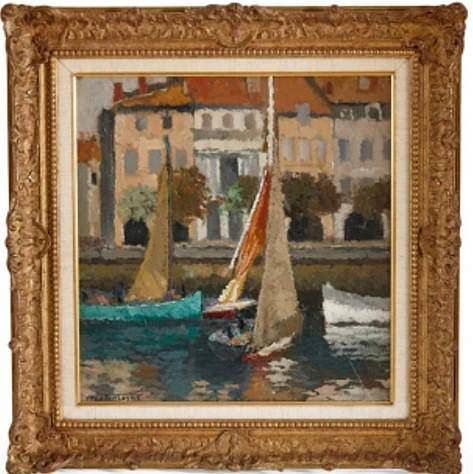 IMPRESSIONIST OIL PAINTING OF A HARBOUR SCENE BY