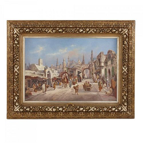 LARGE ORIENTALIST PAINTING OF A BUSY STREET BY HADDON