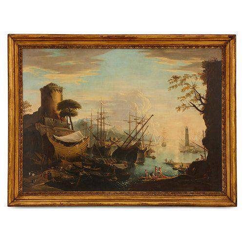 ANTIQUE OIL PAINTING OF A SEAPORT SCENE AFTER SALVATOR