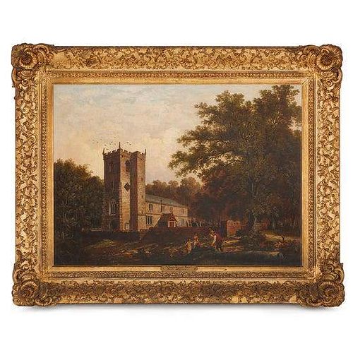ANTIQUE ENGLISH OIL PAINTING OF CHURCH IN GILTWOOD