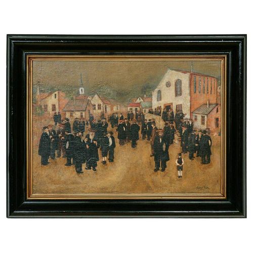 ANTIQUE OIL PAINTING OF A JEWISH STREET SCENE BY E.