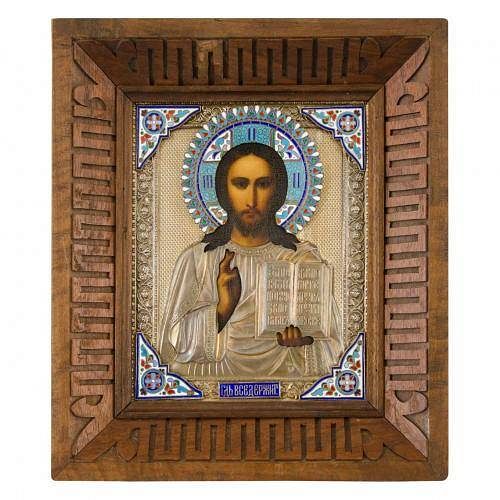 RUSSIAN SILVER GILT AND ENAMEL ICON OF CHRIST