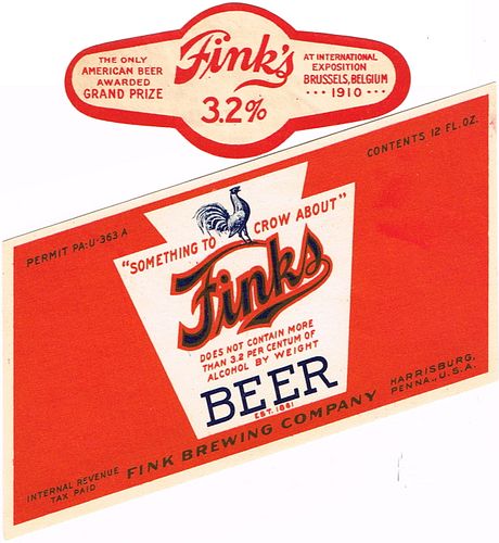 1934 Fink's Beer 12oz PA36-05 Harrisburg, Pennsylvania