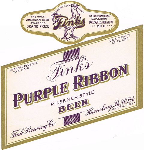 1934 Fink's Purple Ribbon Beer 12oz PA36-01 Harrisburg, Pennsylvania