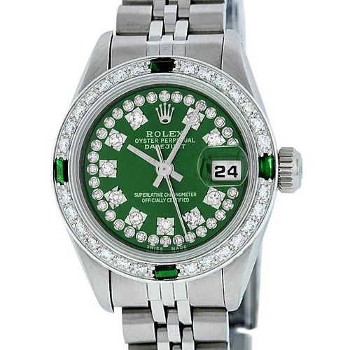 Rolex Ladies Datejust Watch SS & 18K White Gold Green