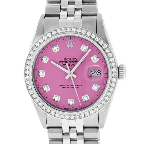 Rolex Mens Datejust Watch Stainless Steel Pink Diamond