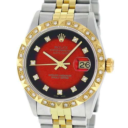 Rolex Mens Datejust Watch SS & 18K Yellow Gold Red