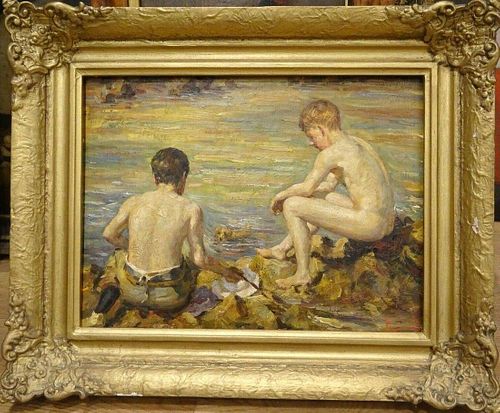 Boys Bathing & Dog Oil Painting